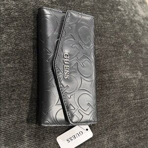 Guess Black Embossed Trifold Wallet with Logo